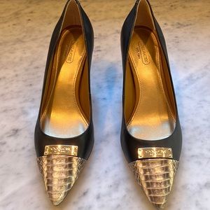 Black Coach pumps with snakeskin accent at the toe.